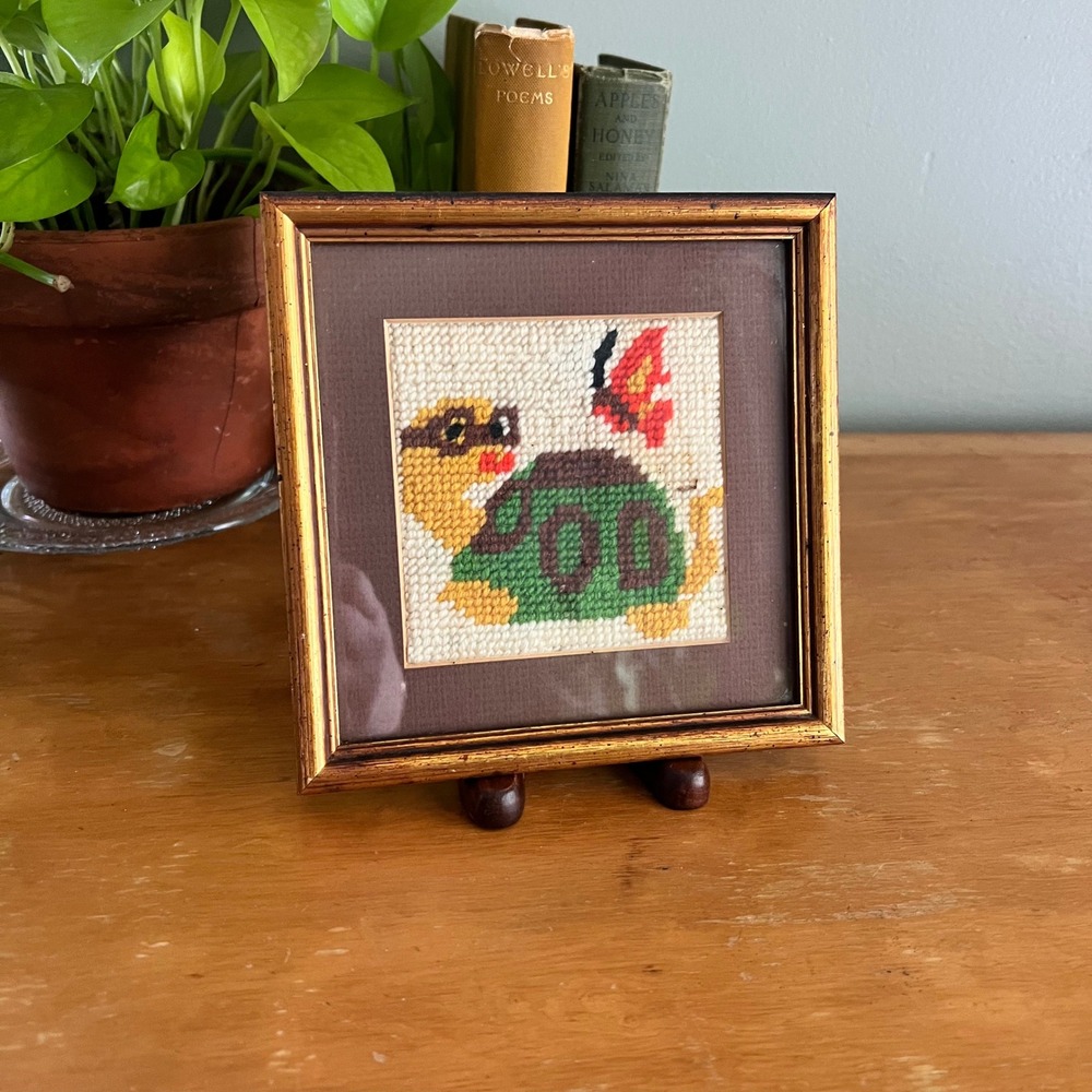 Vintage 70s Framed Needlepoint Turtle with Glasses Butterfly Nursery Wall Art